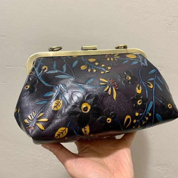 Handmade Genuine Leather Floral Embossed Push-lock Clutch/Shoulder Bag/Crossbody - Picture 13 of 16